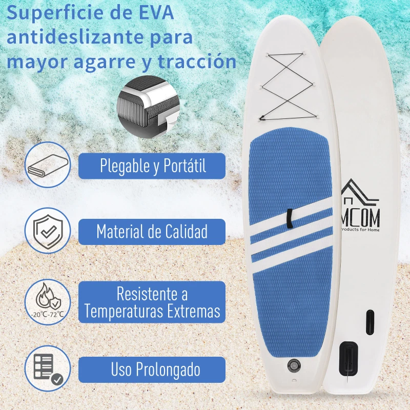 HOMCOM Prancha de paddle surf inflável com remo ajustável Almofada antideslizante e acessórios carga Máx. 120 kg 305x80x15 cm Azul Branco