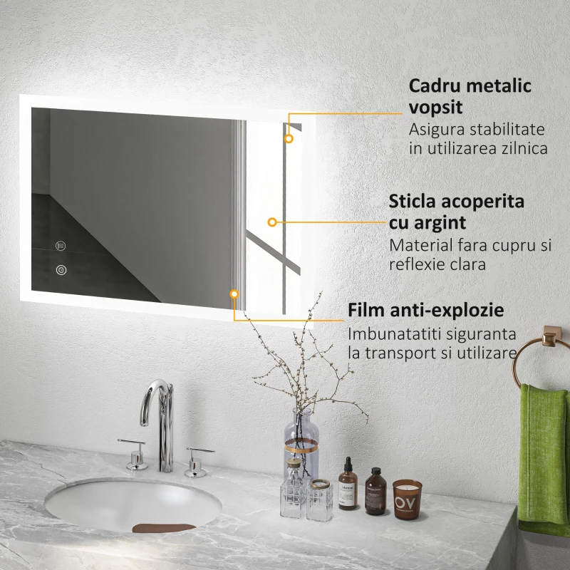 kleankin Oglinda de Baie Iluminata 800 x 600 mm cu Iluminare din Spate cu Lumini LED, Oglinda de Baie de Perete cu 3 Lumini, Intrerupator Tactil Reglabil, Folie de Dezaburire, Orizontala/Verticala