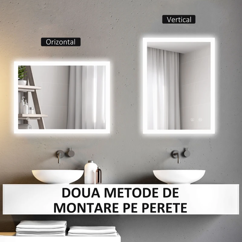 kleankin Oglinda de Baie Iluminata 800 x 600 mm cu Iluminare din Spate cu Lumini LED, Oglinda de Baie de Perete cu 3 Lumini, Intrerupator Tactil Reglabil, Folie de Dezaburire, Orizontala/Verticala