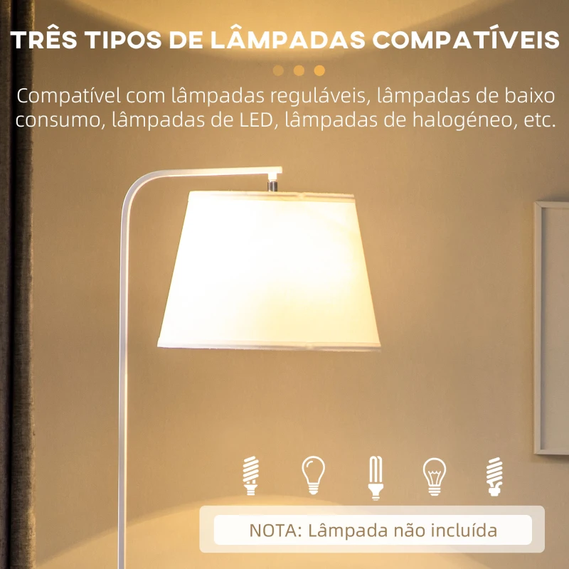 HOMCOM Candeeiro de Pé Moderno com Prateleira Suporte para Lâmpada E27 Máx. 40W com Ecrã de Linho Ø37x162cm Branco e Madeira