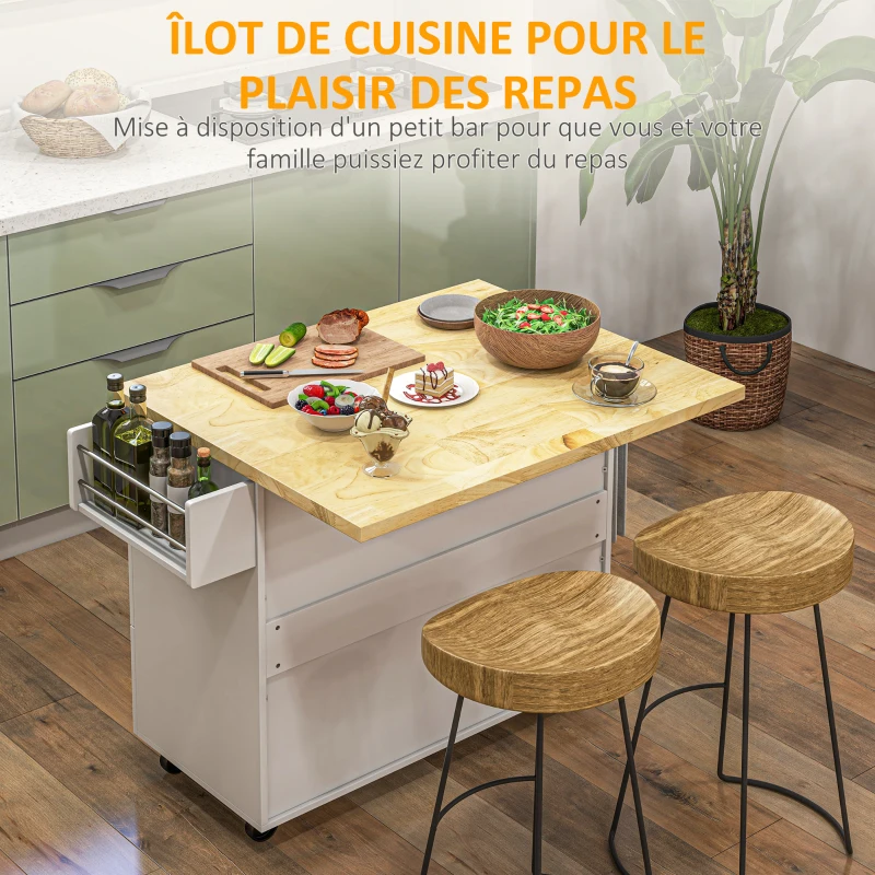 HOMCOM Desserte îlot de cuisineplateau rabattable 3 tiroirs 1 placard porte-torchons et porte-épices 111,5 x 75 x 89 cm blanc