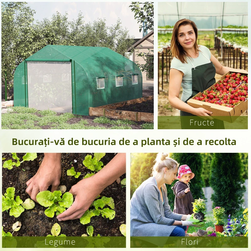 Outsunny Sera Tunel cu Protectie PE si Structura din Otel, Poarta Tip Rulou si 6 Ferestre, 347x300x200 cm, Verde(m-8)