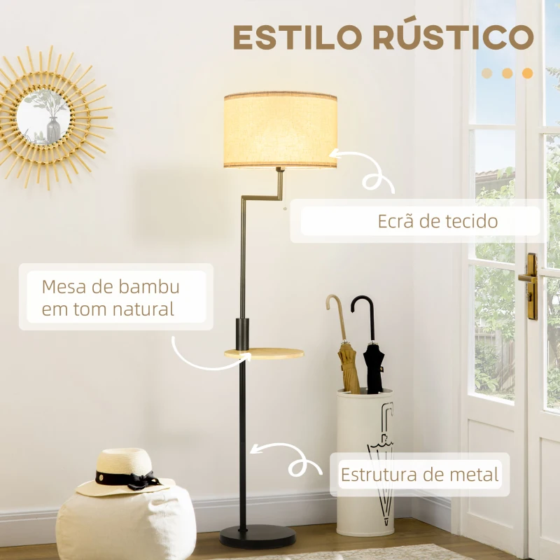 HOMCOM Candeeiro de Pé com Mesa Auxiliar Lâmpada E27 Máx. 40W Ecrã de Linho Interruptor de Corrente e Carregador USB Ø40x168cm Preto e Madeira