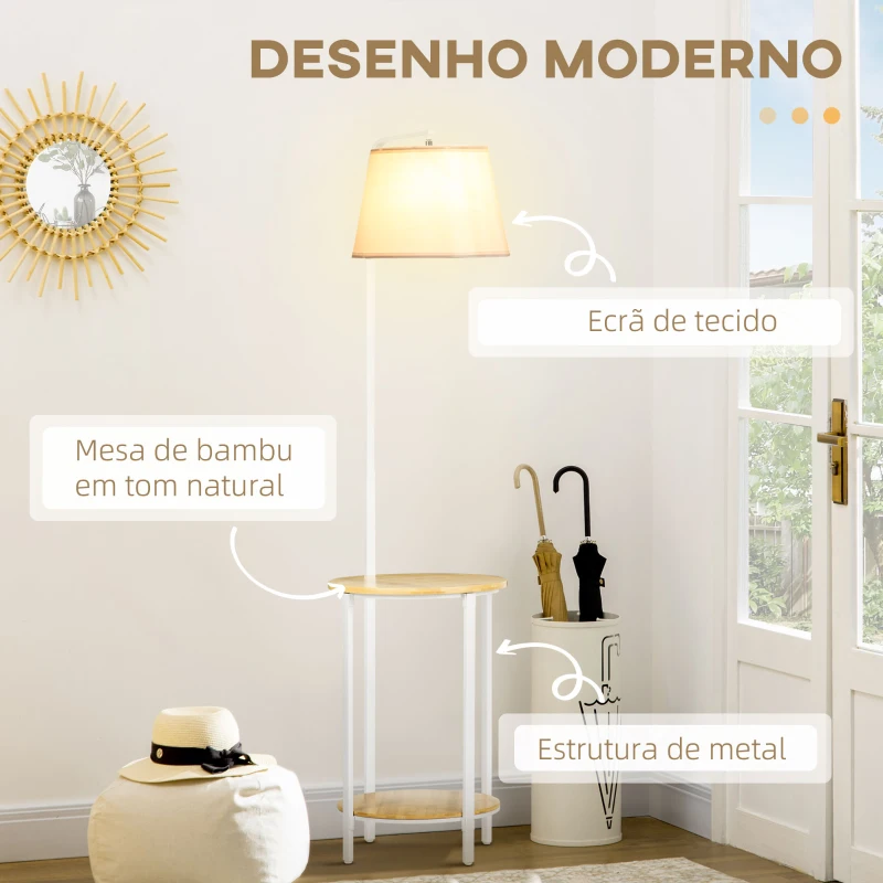 HOMCOM Candeeiro de Pé Moderno com Prateleira Suporte para Lâmpada E27 Máx. 40W com Ecrã de Linho Ø37x162cm Branco e Madeira