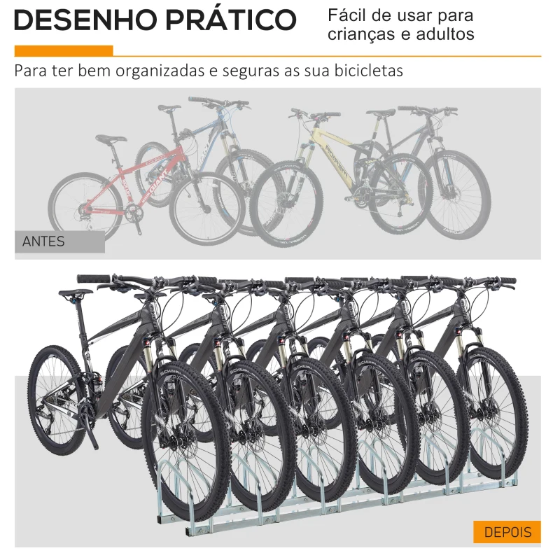 HOMCOM Estacionamento para 6 Bicicletas Suporte de Aço para Estacionar Bicicletas no Chão para Interior e Exterior 179x33x27 cm Prata