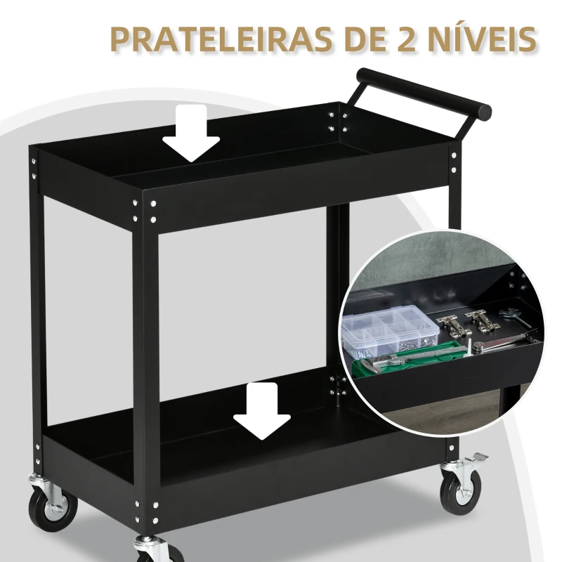 DURHAND Carrinho de Ferramentas de 2 Níveis com Rodas para Garagem Oficina Mecânica Carga Máxima 150 kg 84,5x38x84 cm Preto