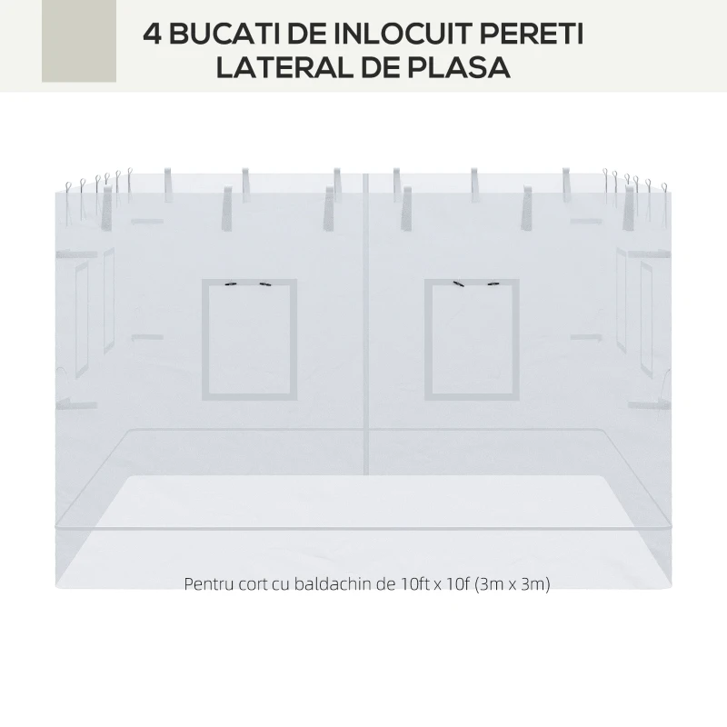 Outsunny Plasa de protectie impotriva tantarilor pentru curte, Set de 4 plase pentru pavilion cu 6 ferestre si 1 usa; Pereti laterali din plasa pentru inlocuire pentru pavilion 3 x 3 (m), alb