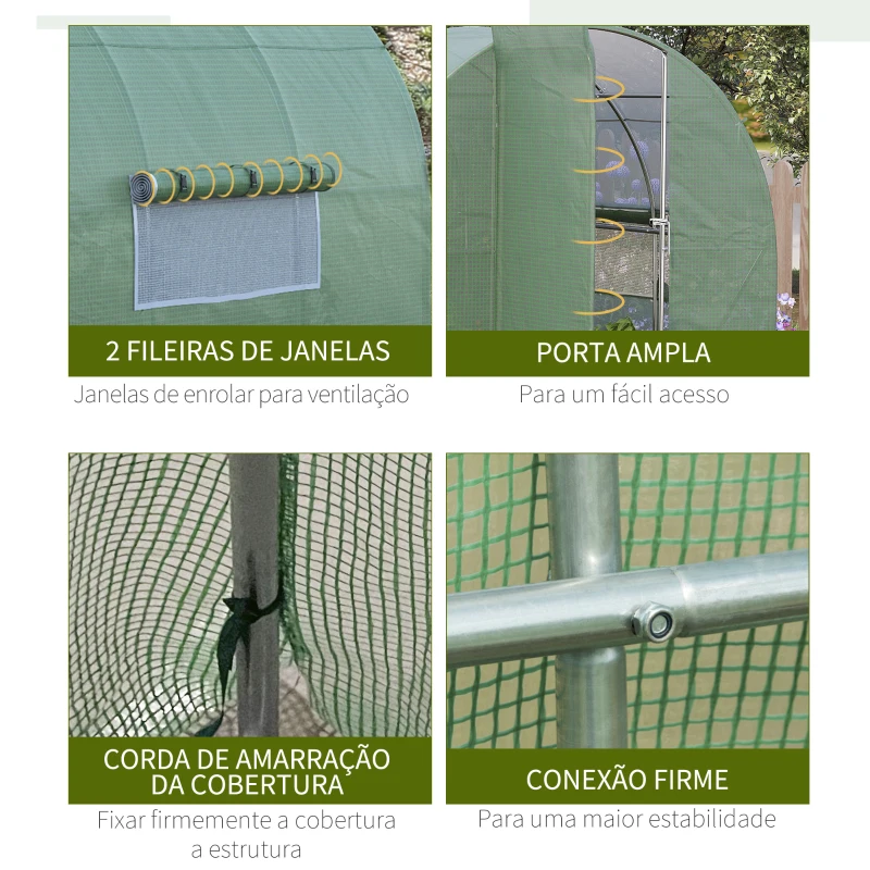 Outsunny Estufa Tipo Túnel 300x200x200 cm com Porta e Janelas Cobertura de PE e Metal Galvanizado para Cultivos Verde