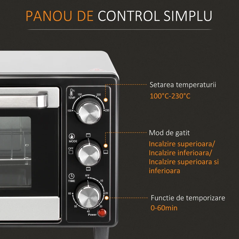 HOMCOM Cuptor Electric 16L Temperatura Reglabila Timer 3 Metode de Gatire