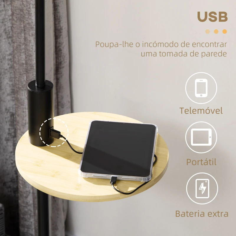 HOMCOM Candeeiro de Pé com Mesa Auxiliar Lâmpada E27 Máx. 40W Ecrã de Linho Interruptor de Corrente e Carregador USB Ø40x168cm Preto e Madeira