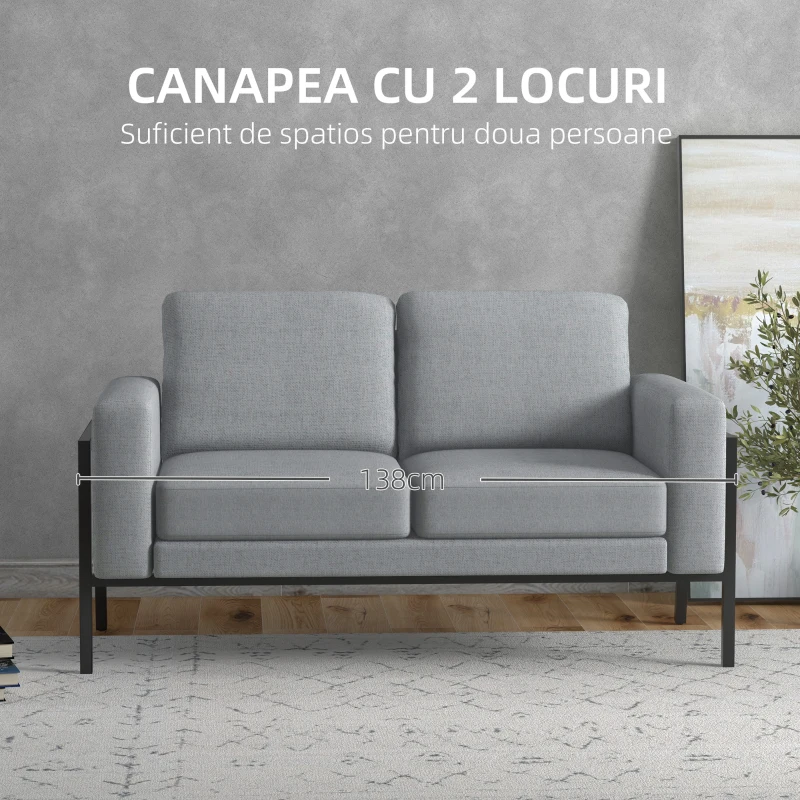 HOMCOM Canapele Moderne cu 2 Locuri pentru Camera de Zi, Canapea Mica, Canapea Tapitata cu Picioare din Otel si Perne Captusite, Gri