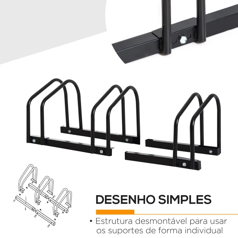 HOMCOM Estacionamento para 3 Bicicletas Suporte de Aço para Estacionar Bicicletas no Chão para Interior e Exterior 76x33x27 cm Preto