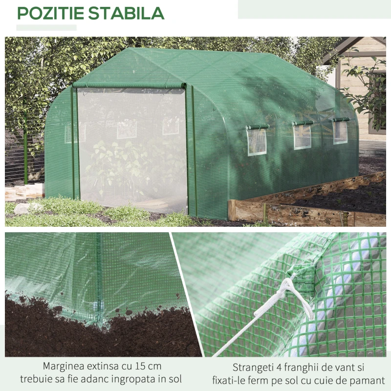 Outsunny Sera Tunel cu Protectie PE si Structura din Otel, Poarta Tip Rulou si 6 Ferestre, 347x300x200 cm, Verde(m-6)