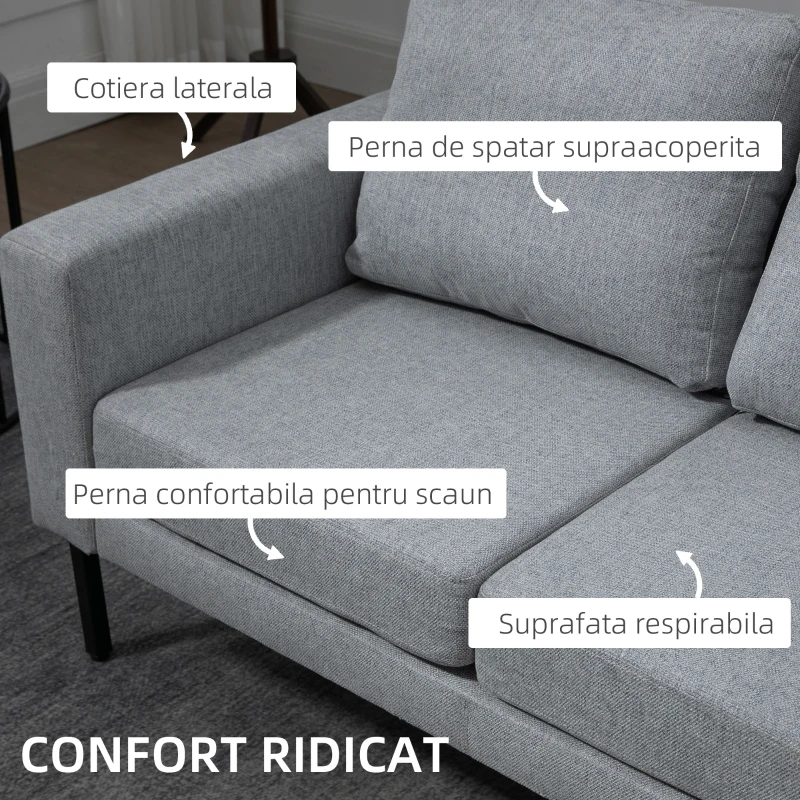 HOMCOM Canapele Moderne cu 2 Locuri pentru Camera de Zi, Canapea Mica, Canapea Tapitata cu Picioare din Otel si Perne Captusite, Gri