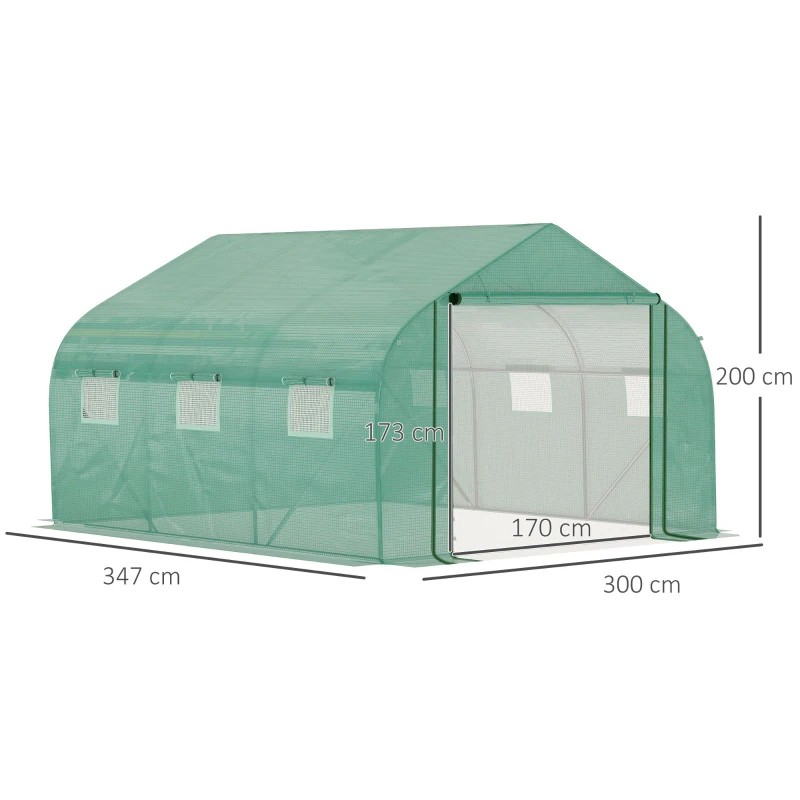 Outsunny Sera Tunel cu Protectie PE si Structura din Otel, Poarta Tip Rulou si 6 Ferestre, 347x300x200 cm, Verde(m-3)