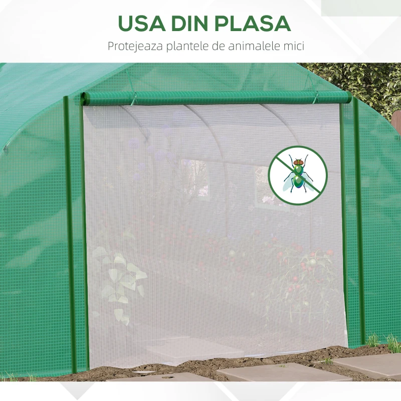 Outsunny Sera Tunel cu Protectie PE si Structura din Otel, Poarta Tip Rulou si 6 Ferestre, 347x300x200 cm, Verde(m-9)