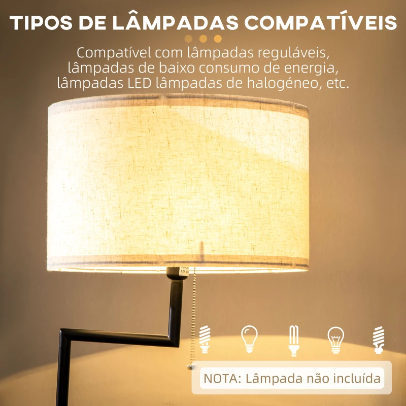 HOMCOM Candeeiro de Pé com Mesa Auxiliar Lâmpada E27 Máx. 40W Ecrã de Linho Interruptor de Corrente e Carregador USB Ø40x168cm Preto e Madeira