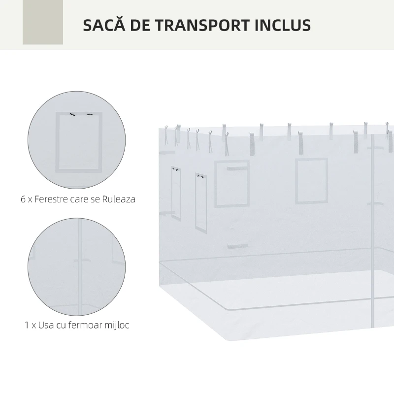 Outsunny Plasa de protectie impotriva tantarilor pentru curte, Set de 4 plase pentru pavilion cu 6 ferestre si 1 usa; Pereti laterali din plasa pentru inlocuire pentru pavilion 3 x 3 (m), alb
