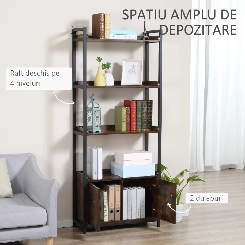 HOMCOM Biblioteca 4 rafturi cu dulap cu 2 usi in stil industrial