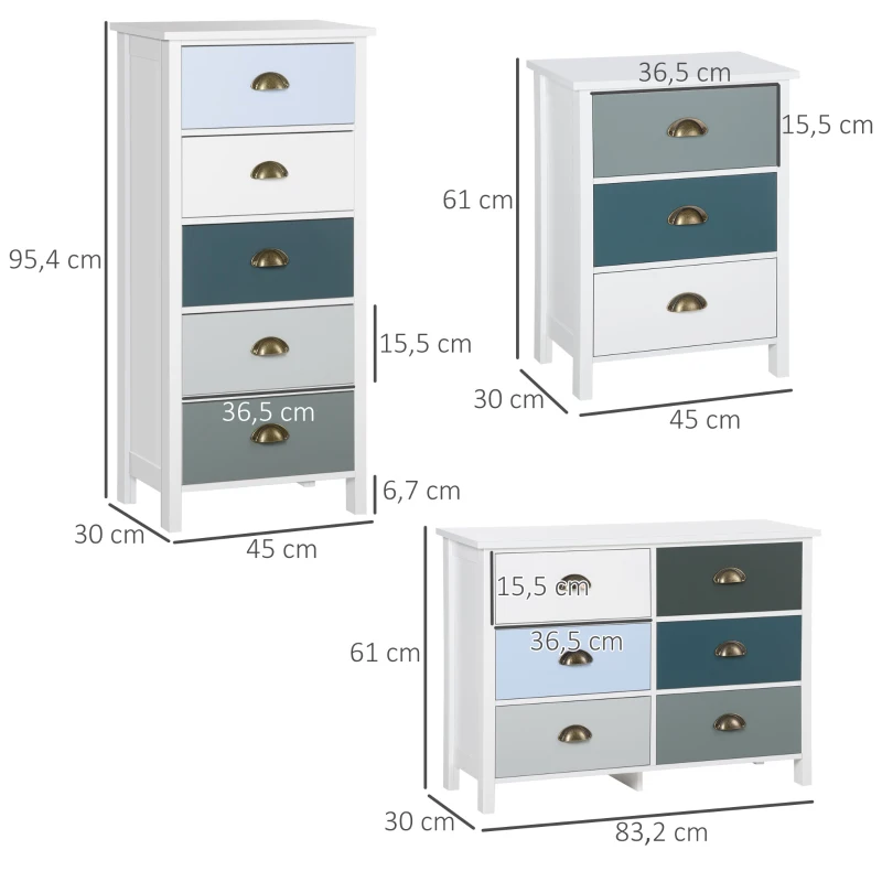 HOMCOM Chiffonnier commode meuble de rangement tiroirs multicolores avec poignée métal coquille en bois