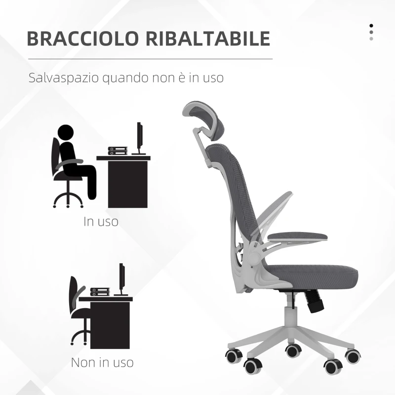 Vinsetto Sedia da Ufficio ad Altezza Regolabile con Supporto Lombare e Braccioli Ribaltabili, 65x64x120-130 cm
