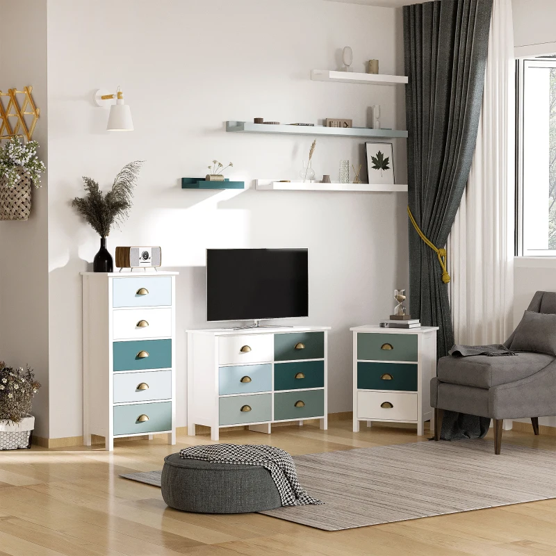 HOMCOM Chiffonnier commode meuble de rangement tiroirs multicolores avec poignée métal coquille en bois