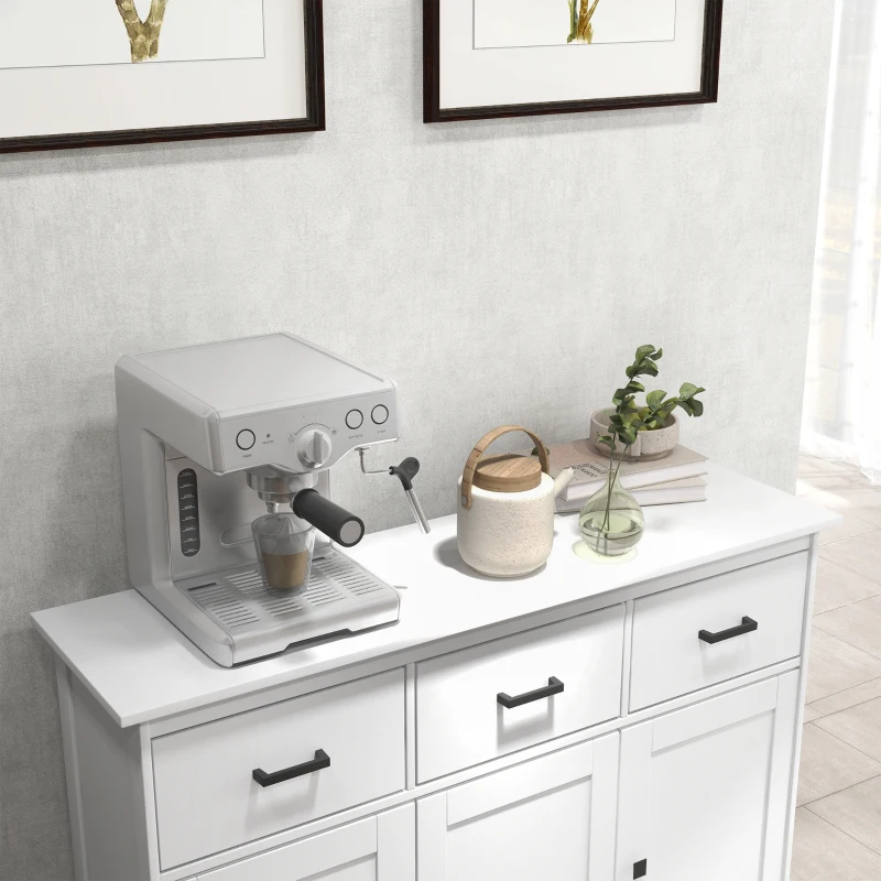 HOMCOM Credenza Shabby Chic Bianca in Legno con 3 Cassetti e 2 Armadietti per Soggiorno o Cucina, 136x42.5x86cm