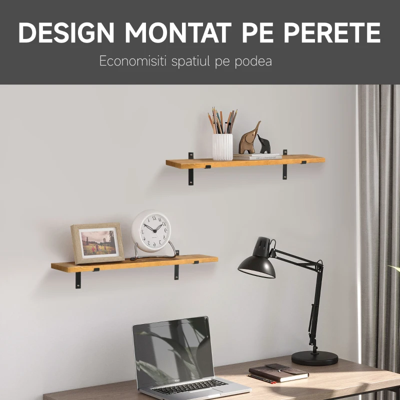 HOMCOM Set de 2 rafturi plutitoare din lemn, raft montat pe perete, raft pentru carti suspendat pentru sufragerie, dormitor, hol, bucătărie, maro
