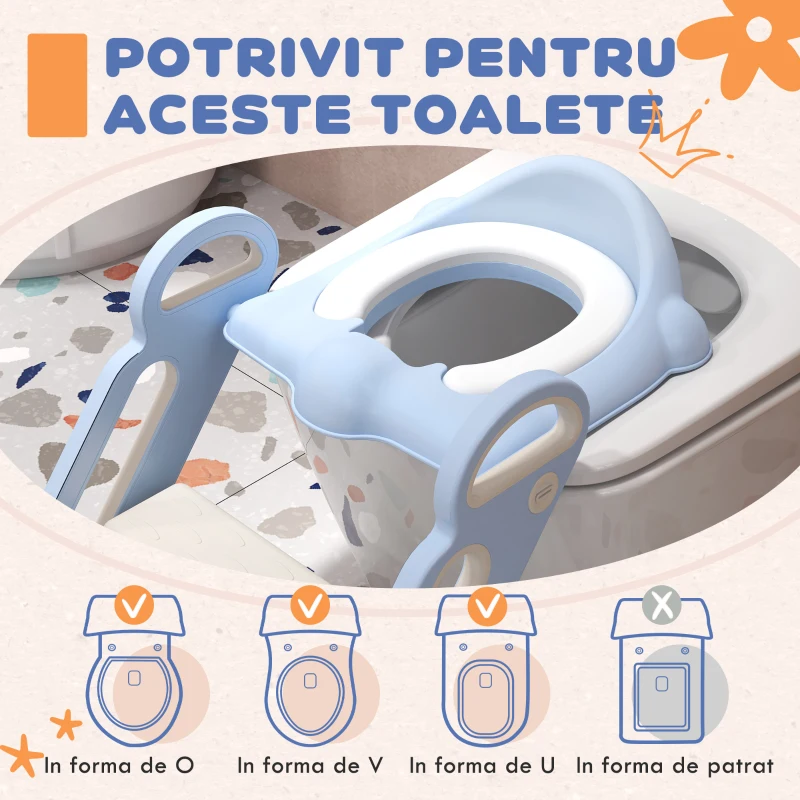 ZONEKIZ Reductor și Scăunel Înălțător WC cu Scară Reglabilă, Mânere și Pernă Detașabilă, 67,9x42,8x51,5 cm, Albastru