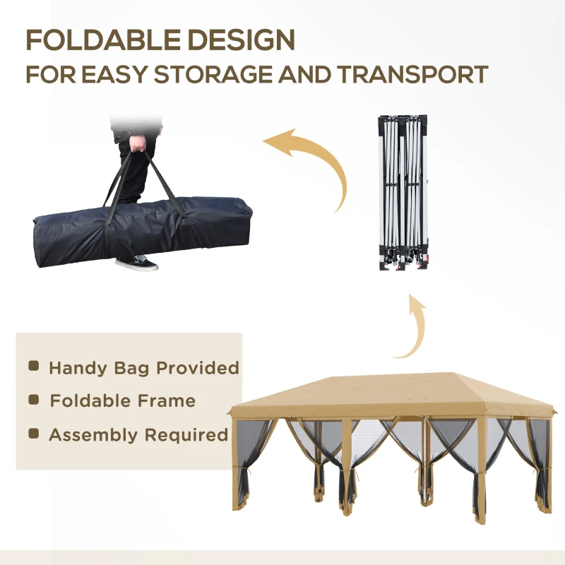 Outsunny Baldachin Pop-Up cu Plasă, Cort pentru Petreceri cu Geantă de Transport pentru Exterior, 585x295x270 cm, Bej