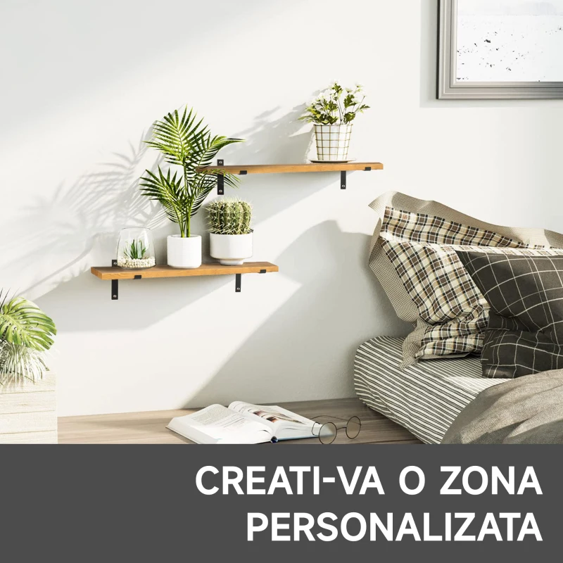 HOMCOM Set de 2 rafturi plutitoare din lemn, raft montat pe perete, raft pentru carti suspendat pentru sufragerie, dormitor, hol, bucătărie, maro