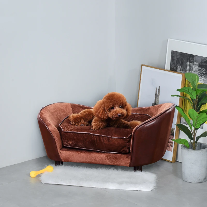 PawHut Dog Sofa Bed for Small-Sized Dogs, Pet Couch with Removable Soft Cushion, Cat Sofa Lounge with Back Pocket, Thick Sponge, Wooden Frame