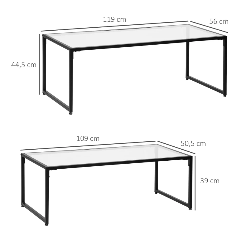 HOMCOM Lot de 2 tables basses gigognes tables de salon rectangulaires design en acier noir et plateaux en verre trempé