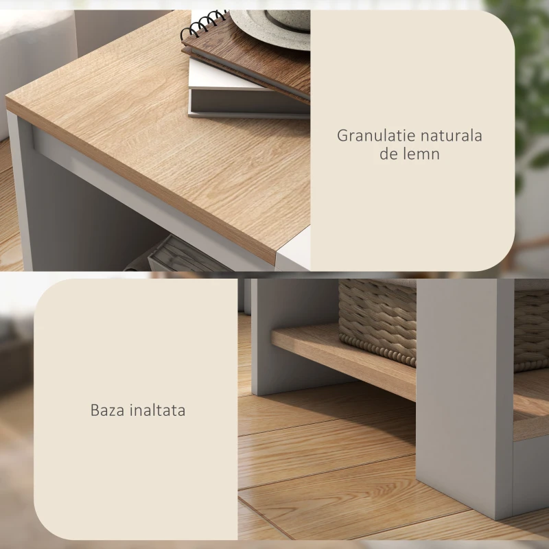 HOMCOM Set de 2 Masute pentru Living cu Design pe Doua Niveluri din PAL, 40x40x45cm, Alb si Stejar