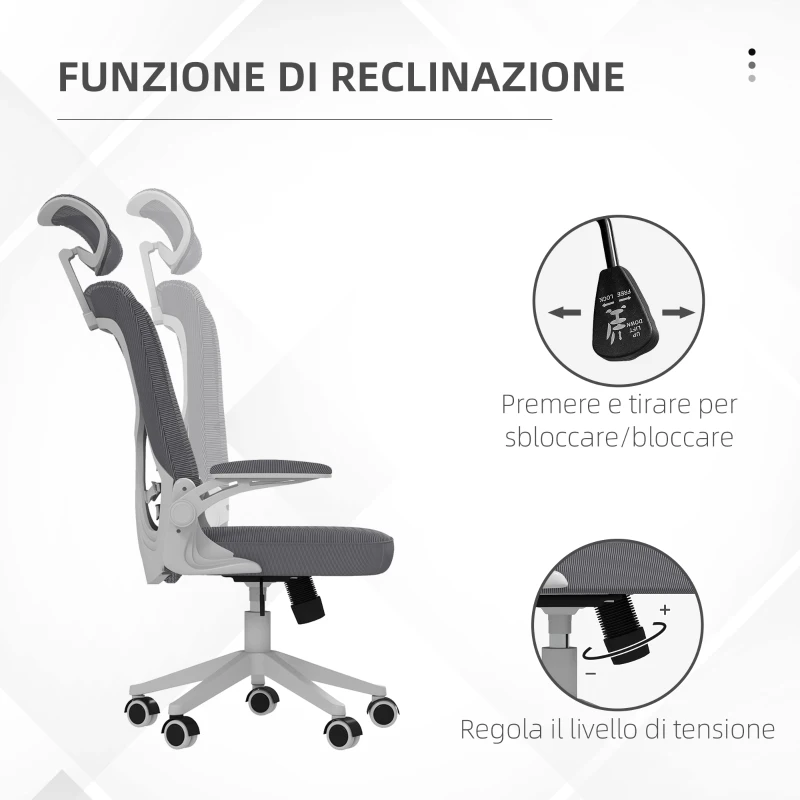 Vinsetto Sedia da Ufficio ad Altezza Regolabile con Supporto Lombare e Braccioli Ribaltabili, 65x64x120-130 cm