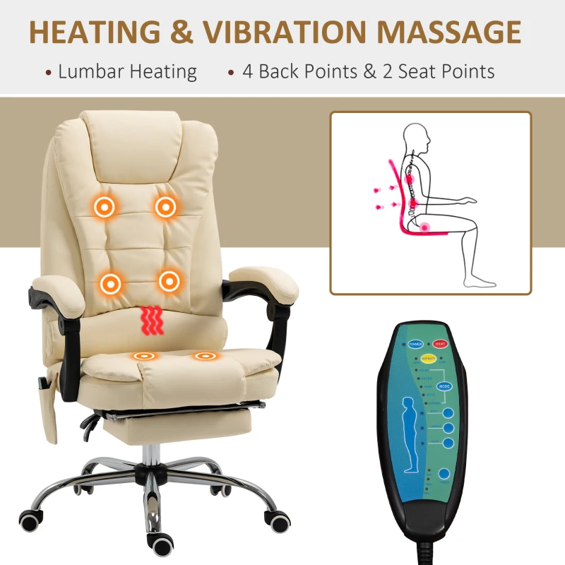 Vinsetto Fotoliu pentru Masaj Pivotant si Ergonomic cu Inaltime Reglabila cu 6 Puncte de Vibratie, 65x160x104 cm, Crem