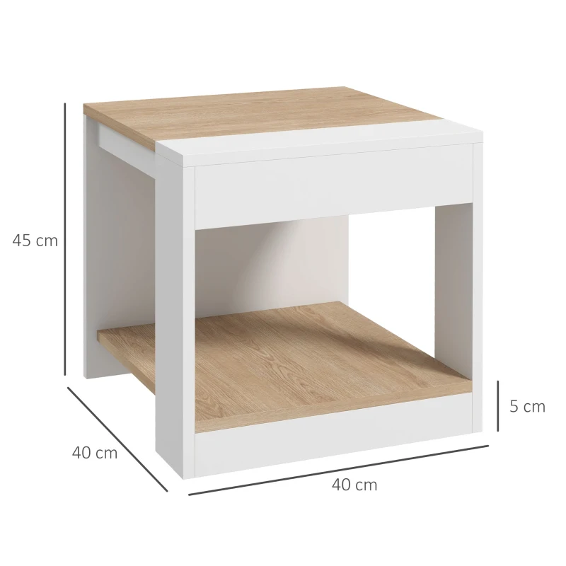 HOMCOM Set de 2 Masute pentru Living cu Design pe Doua Niveluri din PAL, 40x40x45cm, Alb si Stejar
