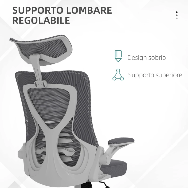 Vinsetto Sedia da Ufficio ad Altezza Regolabile con Supporto Lombare e Braccioli Ribaltabili, 65x64x120-130 cm