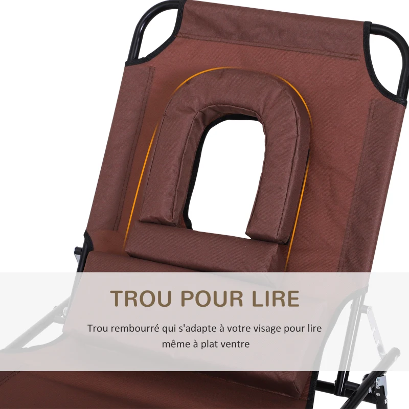 Outsunny Lot de 2 Bains de Soleil Pliable transat inclinable 4 Positions Chaise Longue de Lecture 3 Coussins fournis Marron