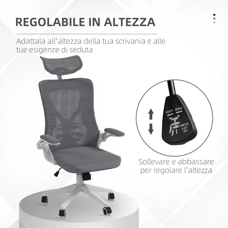 Vinsetto Sedia da Ufficio ad Altezza Regolabile con Supporto Lombare e Braccioli Ribaltabili, 65x64x120-130 cm