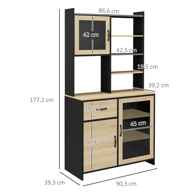 HOMCOM Armoire de cuisine buffet haut avec 1 tiroir 3 placards étagères 2 portes vitrées 90 x 39 x 177 cm noir naturel