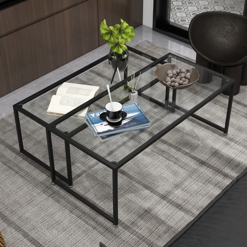 HOMCOM Lot de 2 tables basses gigognes tables de salon rectangulaires design en acier noir et plateaux en verre trempé