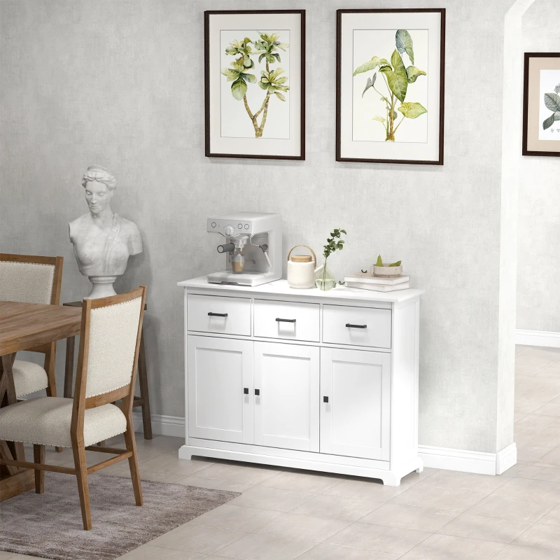 HOMCOM Credenza Shabby Chic Bianca in Legno con 3 Cassetti e 2 Armadietti per Soggiorno o Cucina, 136x42.5x86cm