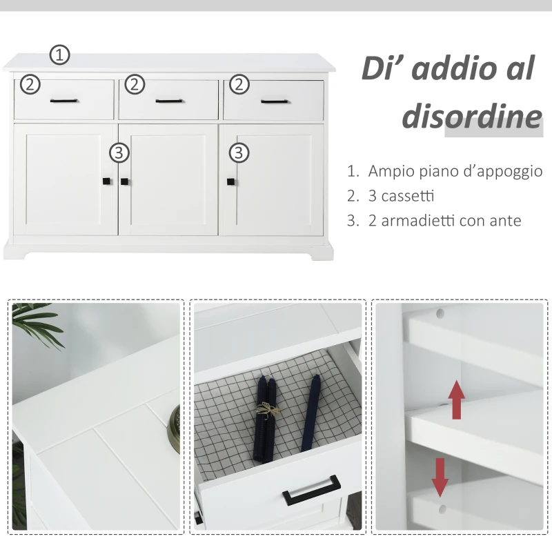 HOMCOM Credenza Shabby Chic Bianca in Legno con 3 Cassetti e 2 Armadietti per Soggiorno o Cucina, 136x42.5x86cm