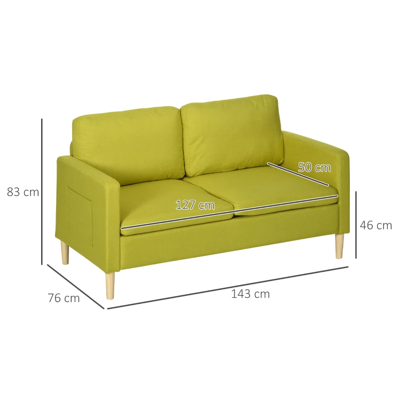 HOMCOM Canapele cu 2 Locuri pentru Camera de Zi, Canapea Mica, Canapea Tapitata cu Buzunare Laterale, Galben