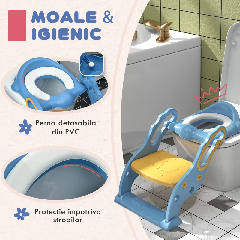 ZONEKIZ Reductor și Scăunel Înălțător WC cu Scară Reglabilă, Mânere și Pernă Detașabilă, 67,9x42,8x51,5 cm, Albastru