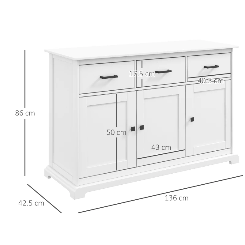 HOMCOM Credenza Shabby Chic Bianca in Legno con 3 Cassetti e 2 Armadietti per Soggiorno o Cucina, 136x42.5x86cm