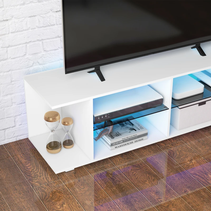 HOMCOM TV Stand, 145cm Modern TV Unit with Glass Shelves, RGB LED Light for 32 40 43 50 52 55 60 inch 4k TV, White