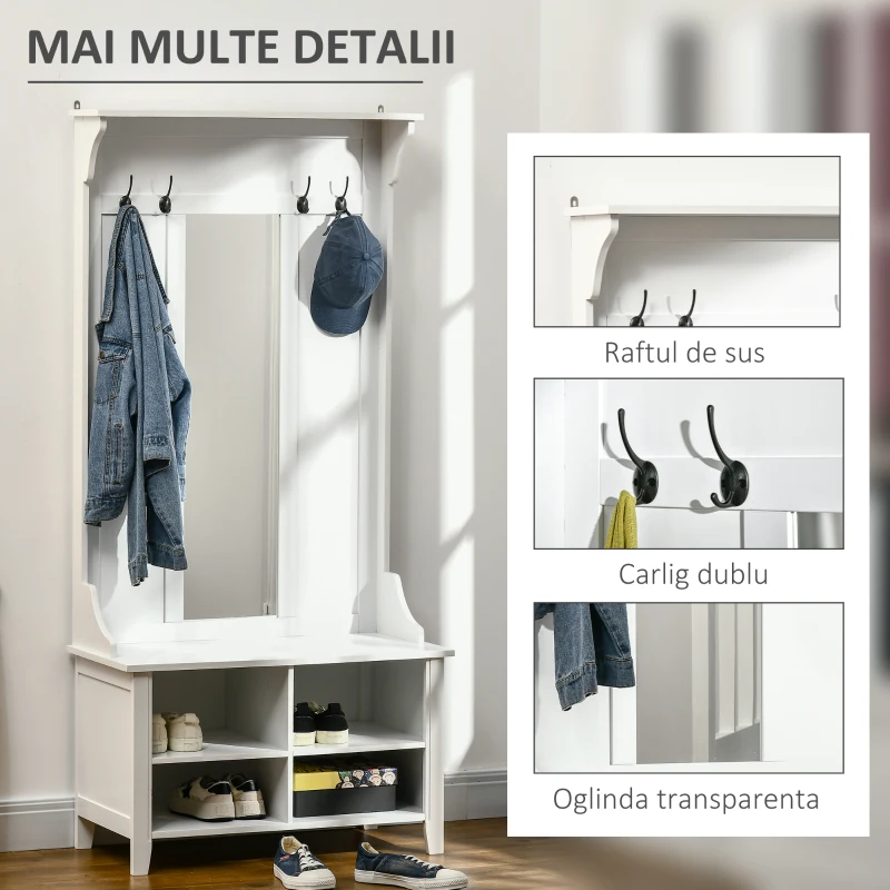 HOMCOM mobilier hol, cuier si oglinda, 80x40x170cm, alb(m-6)
