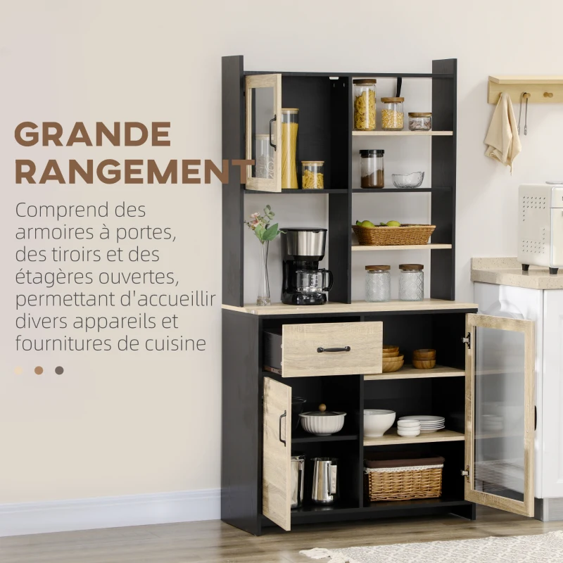 HOMCOM Armoire de cuisine buffet haut avec 1 tiroir 3 placards étagères 2 portes vitrées 90 x 39 x 177 cm noir naturel